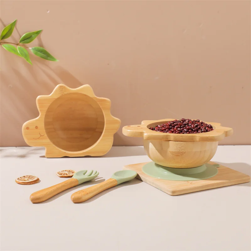 Baby Wooden Tableware Set Dinosaur Bamboo Wooden Plate Bowl Silicone Suction Wooden Handle Fork Spoon for Children Feeding Gift 3