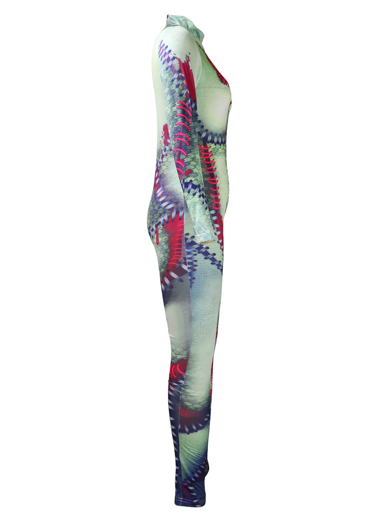 Long-Sleeved Jumpsuit Women Masquerade Horror Scary 3D Print Halloween Cosplay Costume Ladies Skinny Playsuits Elastic Zentai