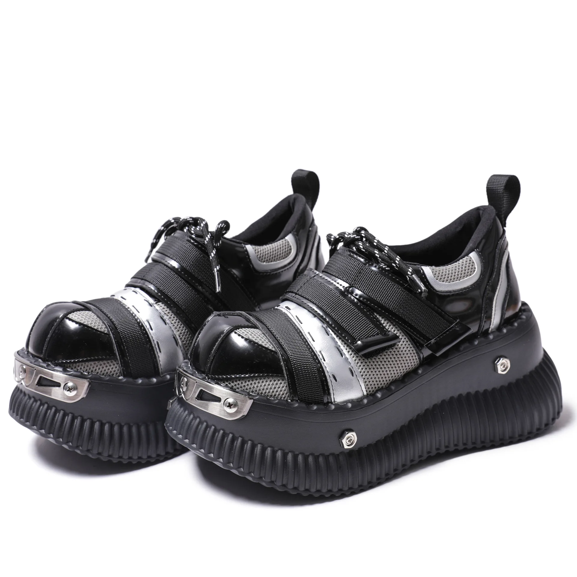 Black Punk Style Metal Decorate Height Increas Ankle Boots Glossy Thick Sole All-Match Casual Shoes Round Toe 7CM Heel Boots 2