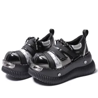 Black Punk Style Metal Decorate Height Increas Ankle Boots Glossy Thick Sole All-Match Casual Shoes Round Toe 7CM Heel Boots 2