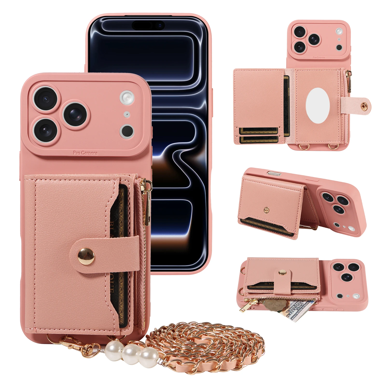 Leather Phone Case with Mirror & Pearl-Studded Strap - Shockproof Cover