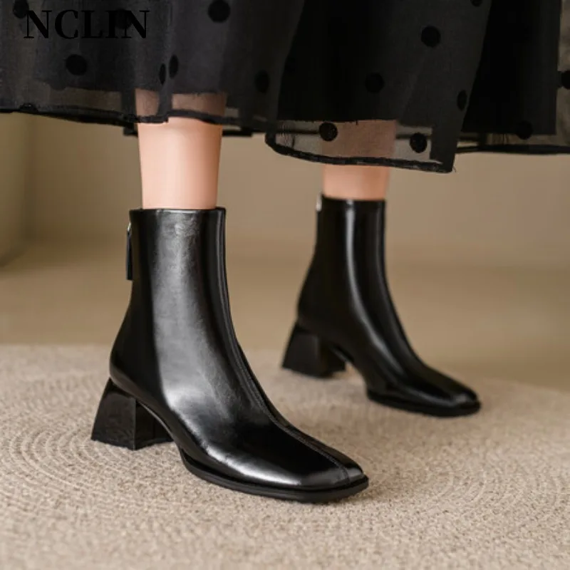 

2022 Autumn/Spring Women Boots Square Toe Zipper Women Shoes Chunky Heels Shoes for Women High Heel Boots Genuine Leather Shoes