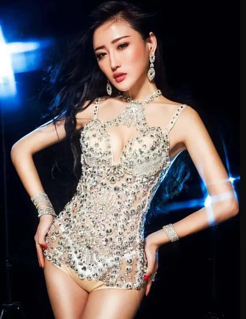 

Nightclub Clothes Sexy Stage Leotard Costume Women Shiny Rhinestones Transparent Bodysuit DJ Dancer Performance Wear Party Show