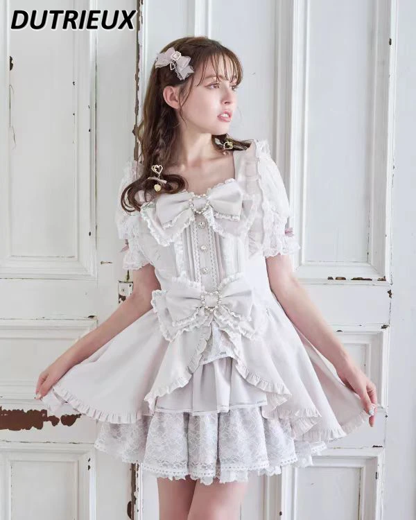 Japanese Cute Girl Mass-produced Square Neck Short-sleeved Slim-fit Dress Sweet Bow Lace Ruffle Edge Dresses and Base Skirt lolita dress lolita suspender dress lolita cosplay costumes suspender dress lolita skirt lolita blouses