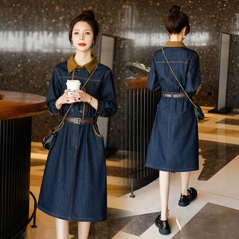 

Vintage Denim Women's Dresses 2023 New Slim Fit Clothing Solid Three Quarter Fashion A-LINE Empire Spring/Summer Women Dress