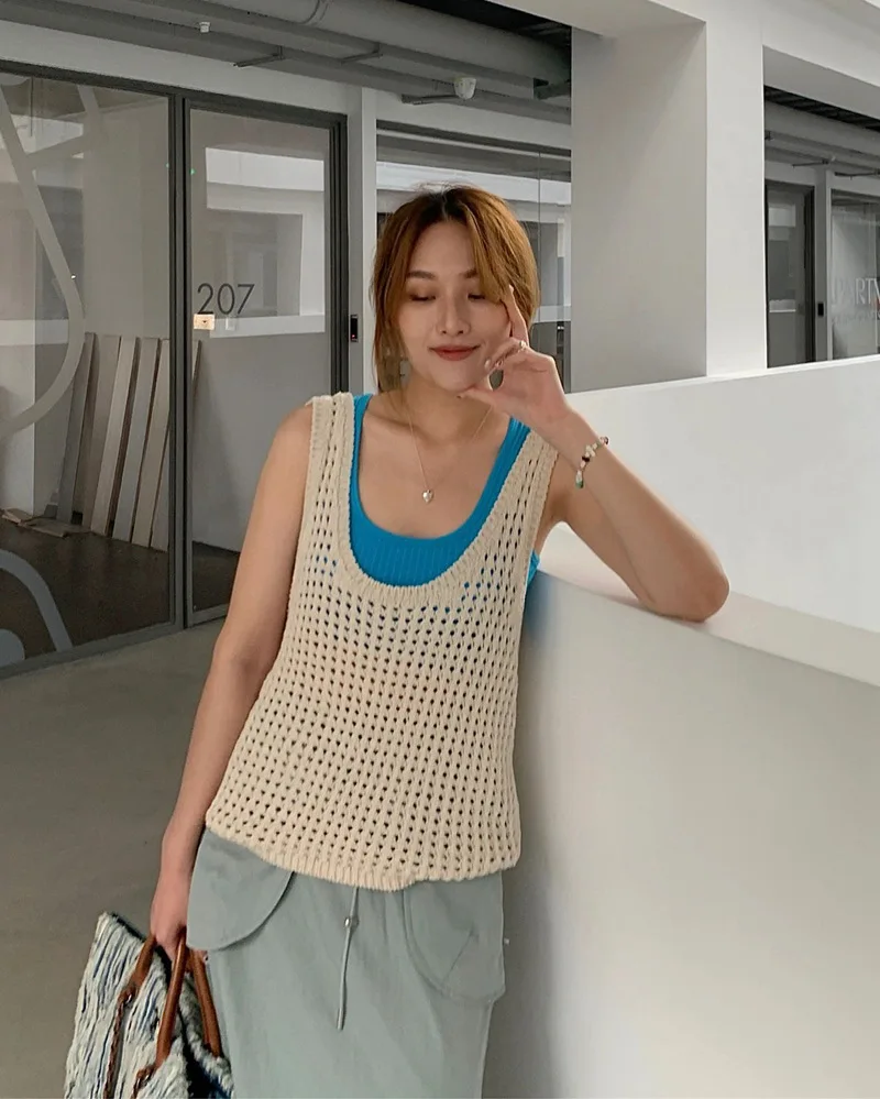 Crochet Knit Sweater   Women's Loose Versatile hollow-out scoopneck womens Pullover, Oversized Crocheted Sweaters, Y2K Clothes, Commuter Vests for Woman in khaki beige N @ NU