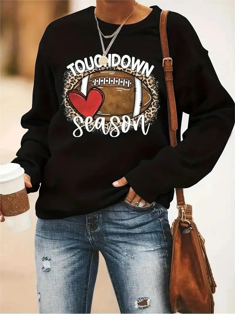 Football Season Print Sweatshirt for Women, Long Sleeve Crew Neck Casual Pullover Clothing