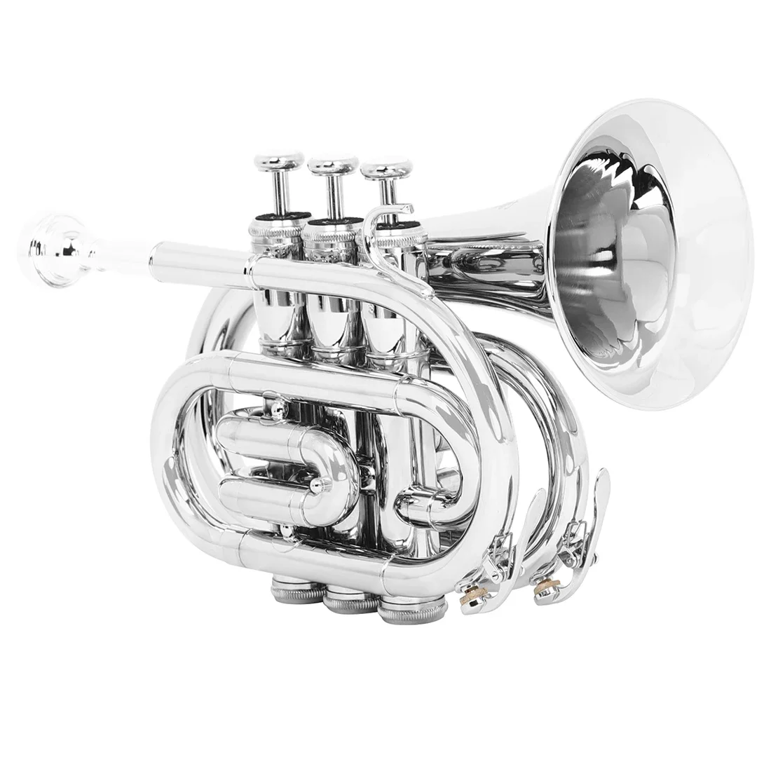 Pocket Trumpet B flat Palm Number Silver for Beginner Students with Blow Nozzle 7C Cleaning Kit Gloves Box Brass Accessory