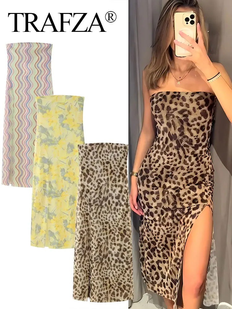 GETADME TRAFZA Women Summer Beach Style Dresses Strapless Sleeveless Pleated Zipper Female Printed Split Hem Tulle Backless Midi Dress