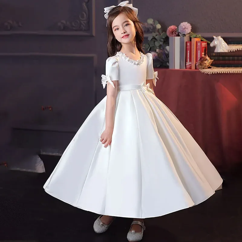 Kleine Mädchen weiße Zeremonie Kommunion Kleid Kinder Geburtstags feier Ballkleid Mädchen Schule Klavier Performance Kleider aus Perlen