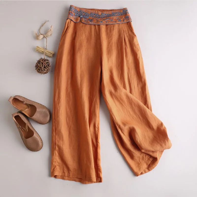 Chinese Style Cotton and Linen Embroidery Minimalist Casual Women's 2024 Summer New Patchwork Comfortable Straight Leg Pants