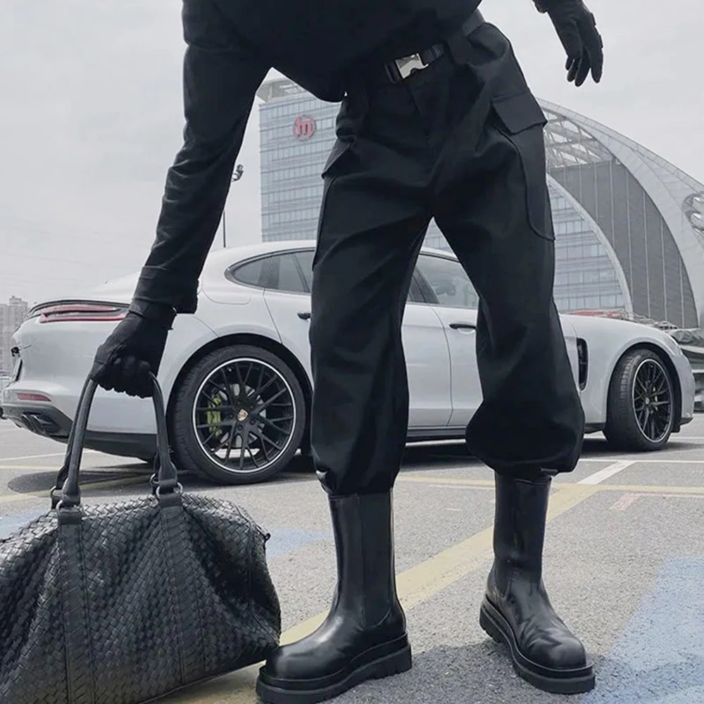 Mens Autumn High-Waisted Solid Color Large Pocket Leggings Essential Casual Simple Street Youth Trend American Overalls For Men