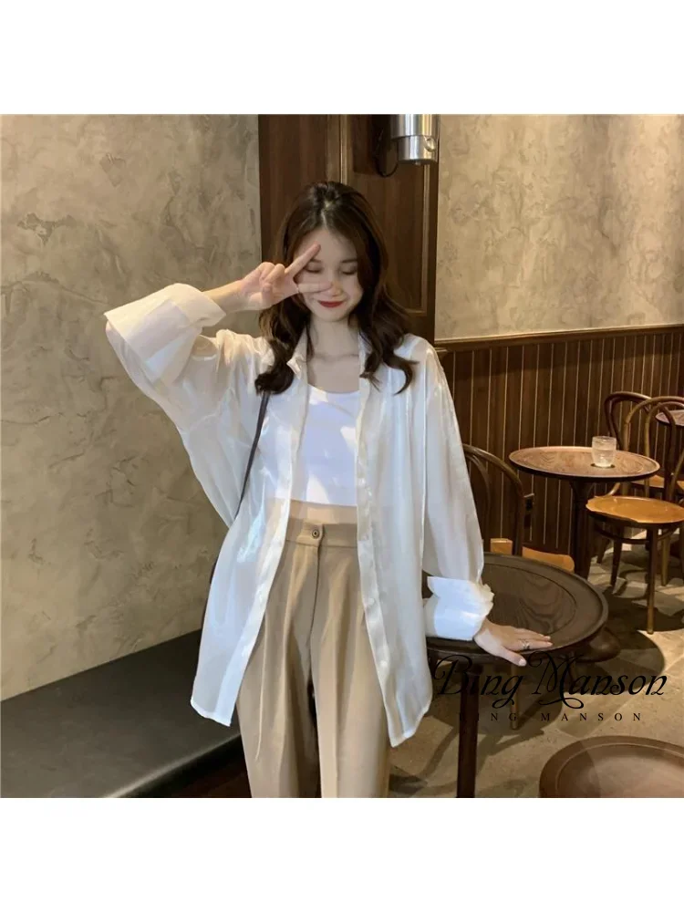 

Korean 2023 Summer New Versatile Thin Shiny Silk Chiffon Cardigan Long Sleeve Sun Protection Clothing Women's UV Breathable Top