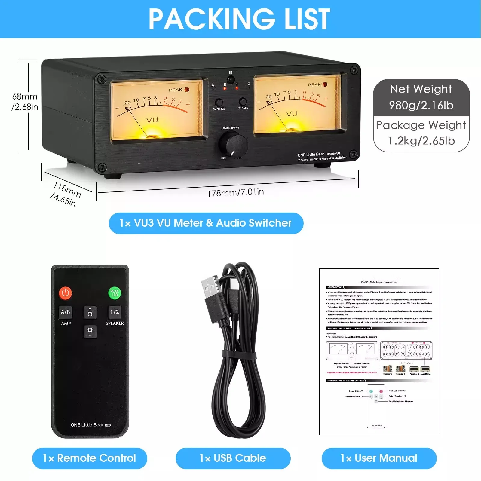 Dual Analog VU Meter Sound Level DB Panel Display 2-way Amplifier / Speaker Switcher Box Selector W/ Remote Control vu meter display switcher box