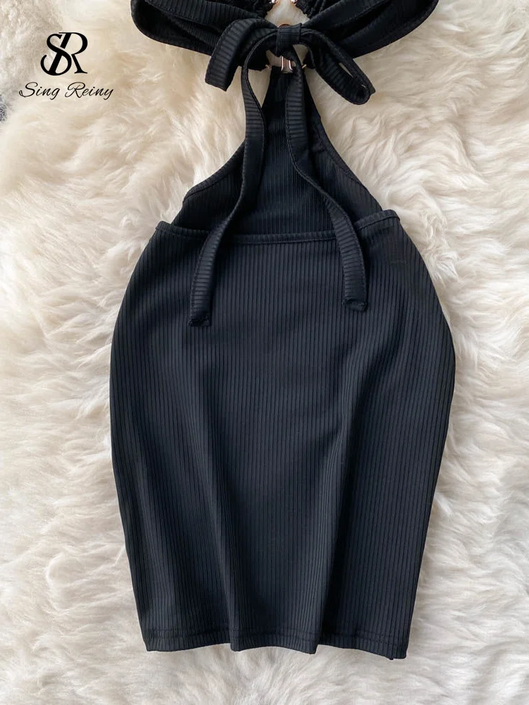 SINGREINY Sensual Camis Female Dress French Sleeveless Lace Up Sheath Dress 2023 Women Slim Short Halter Backless Sexy Dress 5