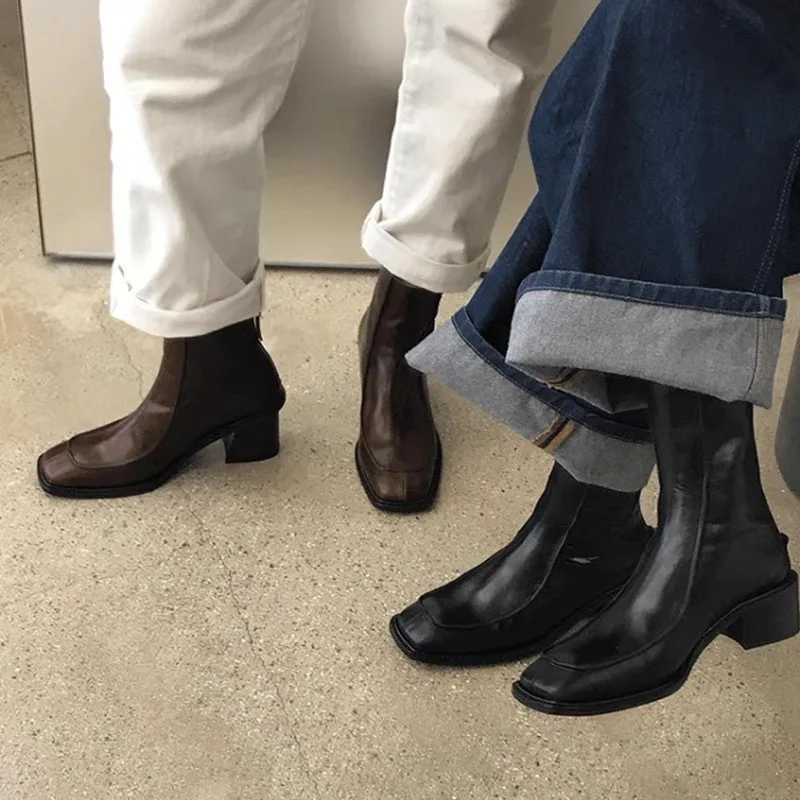 Withered Autumn French Fashion Blogger Ankle Boots Women Vintage Square Toe Leather Chelsea Boots Commuter Casual Zipper Biker