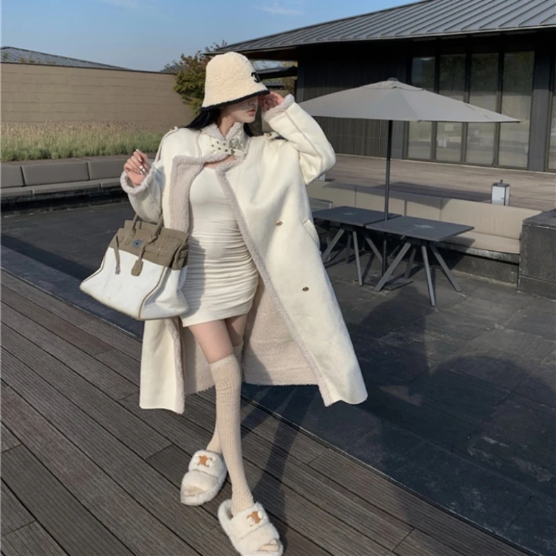 

2022 New Style Stand Collar Motorcycle Jacket Women's Medium Long Winter Loose Fur One-piece Coat Free Shipping