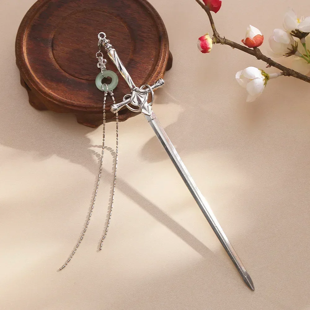 Hair Stick Vintage Ruby Pendant Sword Hairpin Headdress Chinese Style Ponytail Holder Retro Simple Hair Accessories