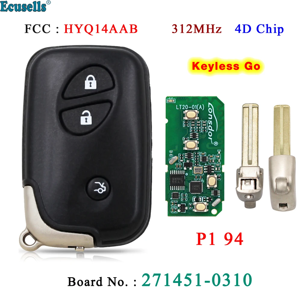 

Ecuslles 3 Button Smart Prox Keyless Go Remote Key 312Mhz 4D Chip for Lexus GS430 GS460 GS450H IS350 LS460L 231451-0410 HYQ14AAB