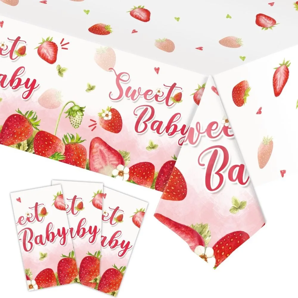 

Pink Strawberry Tablecloth Fruit Theme Delicate Rectangular Table Cloth Disposable 54*108 inch Plastic Table Cover