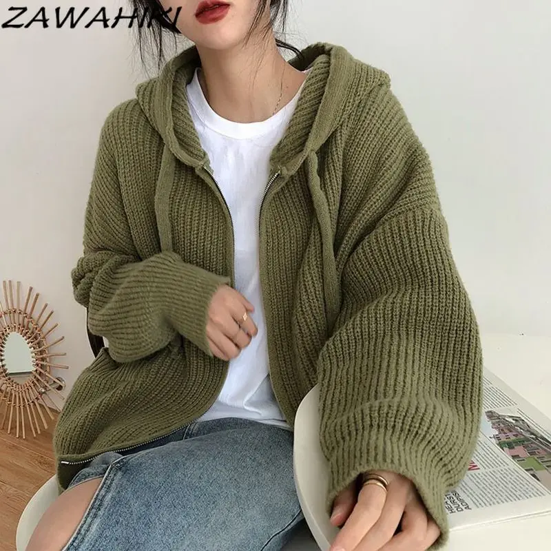 

ZAWAHIKI Japanese Vintage Solid Color Casual Hoodies Knitted Cardigan Autumn Winter Loose Versatile Zip-up Simple Sweater Women