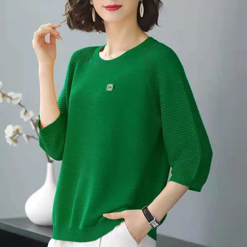 

2023 New Spring and Summer Fashion Round Neck Thread Knitted 3D Decoration Loose Casual Solid Three Quarter Women's T-shirt