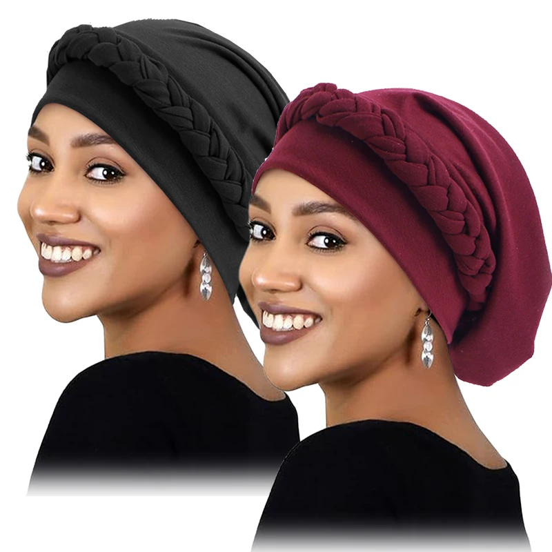 2PCS/LOT New Women's Braid Elastic Turban Muslim Twist Fashion Hat Cancer Hat Chemo Cap Head Wrap Cover Hair Islamic Headwear