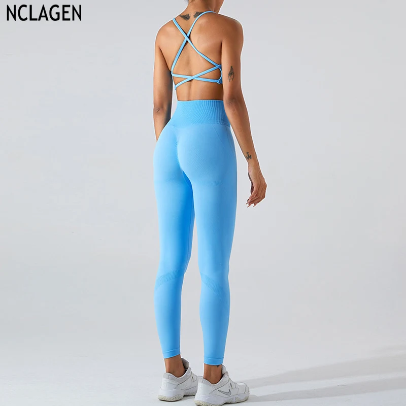 

NCLAGEN бесшовный комплект для фитнеса женский спортивный бюстгальтер с перекрестной спиной с высокой талией подтягивающий бедра бюстгальтер для йоги и брюки для тренажерного зала и тренировок дышащий