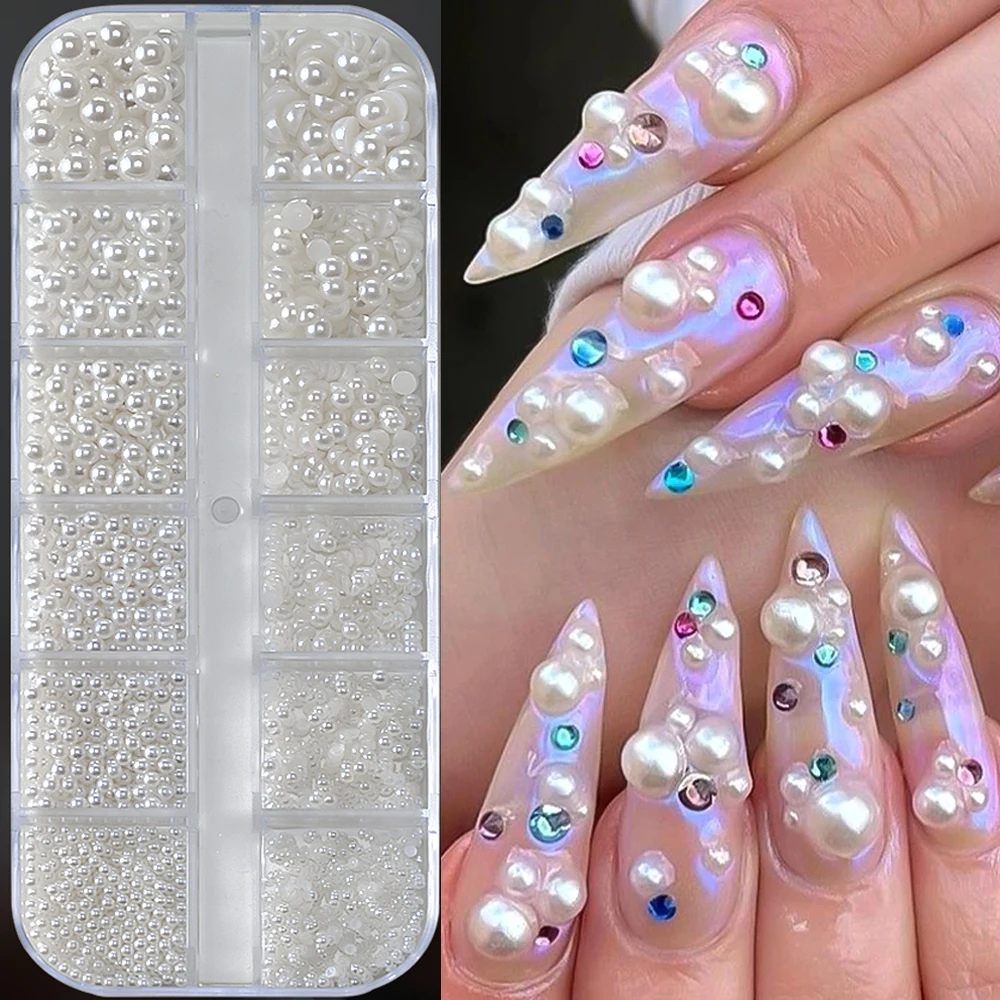 12 Grids Mixed White Pearl Nail Charms 3D Round/Semicircle Pearl Beads Nail Art Rhinestones Manicure Accessories DIY Parts Y7%6K 2