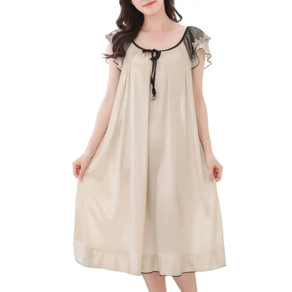 

Stylish Short Sleeve Anti-pilling Women Smooth Satin Ruffle Hem Summer Nightdress Comfortable Sleeping Dress Loungewear