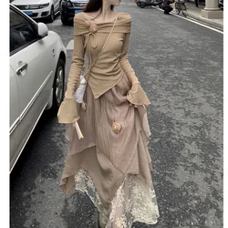 Spring Autumn Ladies Suits French Style Fashion Long Sleeve Drawstring T-Shirts High Waist Pleated Floral Lace Patchwork Skirts