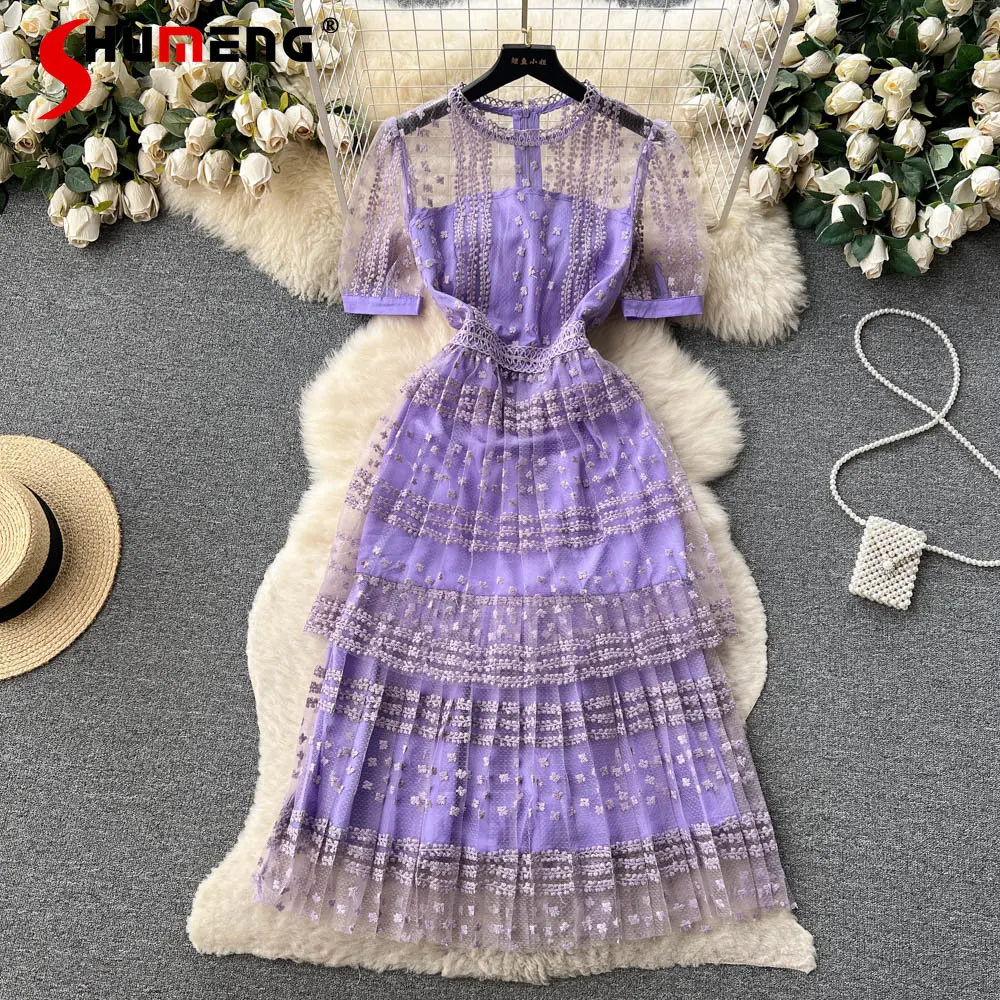 Round Neck Lace Hollow out Heavy Industry Net Yarn Embroidered Purple