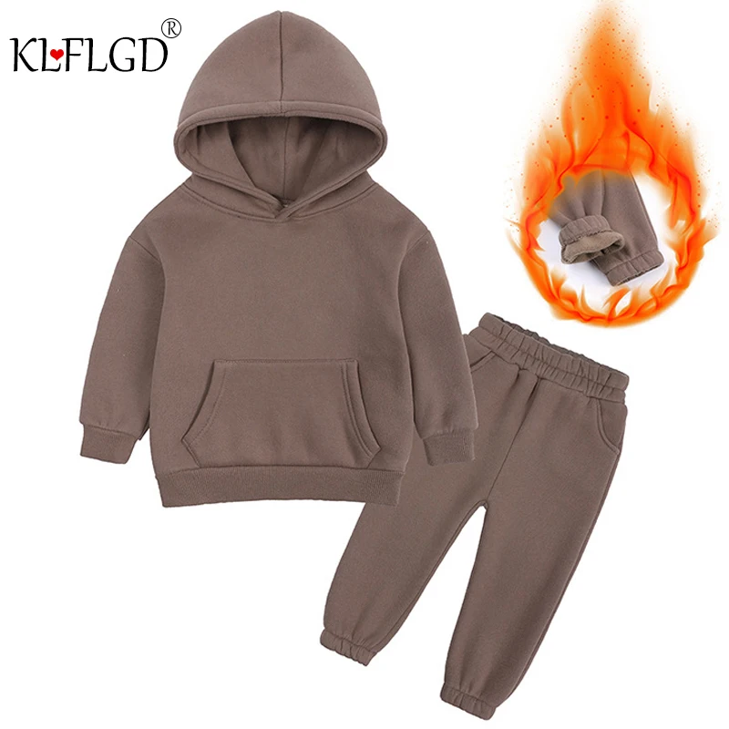 2-6 years old children's pure color family thickened hooded suit autumn and winter new long sleeve cotton leisure sports suit