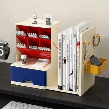 Organizer da scrivania con fermalibri retrattile, finitura opaca multiscomparto, pannello portaoggetti sospeso, portapenne di grande capacità
