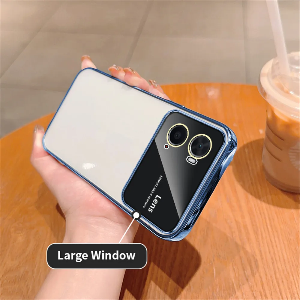 Plating Clear Large Window Phone Case For Oppo A74 A54 A53 A55 A57 A77 A94 A31 A8 A9 A5 A15 A16 A16K A17 Lens Protection_voghion.com