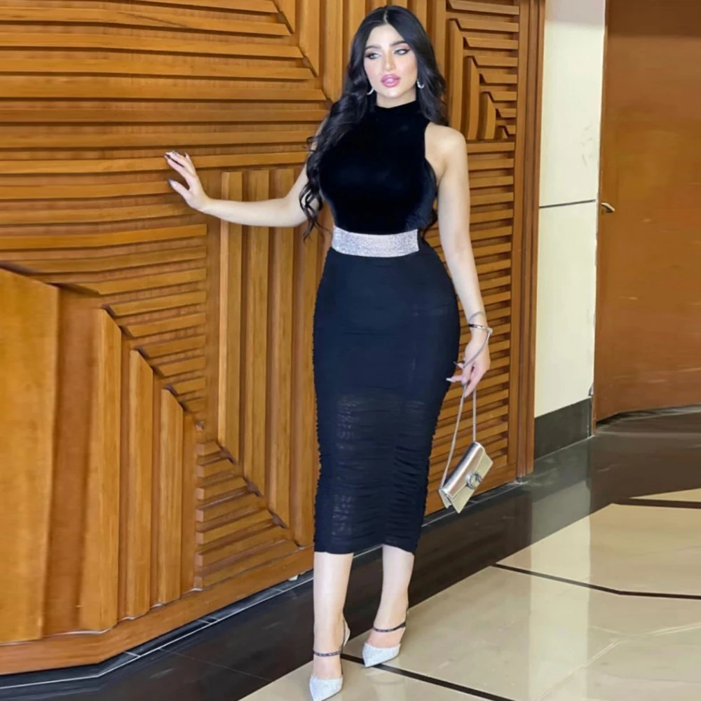 

Elegant High Collar Mermaid Black Tulle Prom Dress for Women Tea-length Evening Party Gown Formal Dresses فساتين السهرة