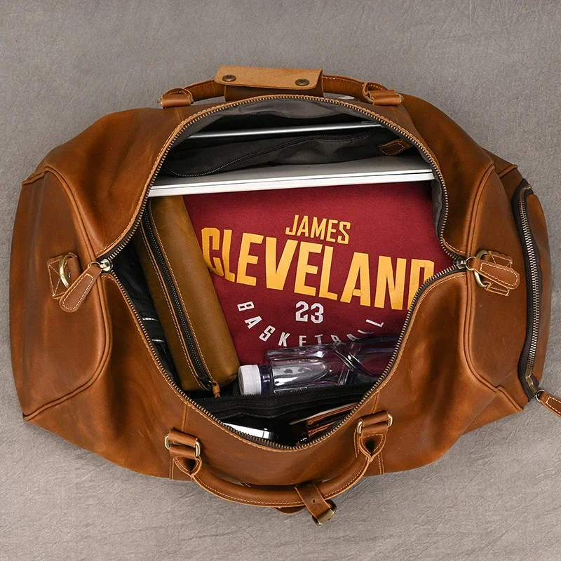Mens Leather Travel Duffle Bag Real Cow Leather Weekender