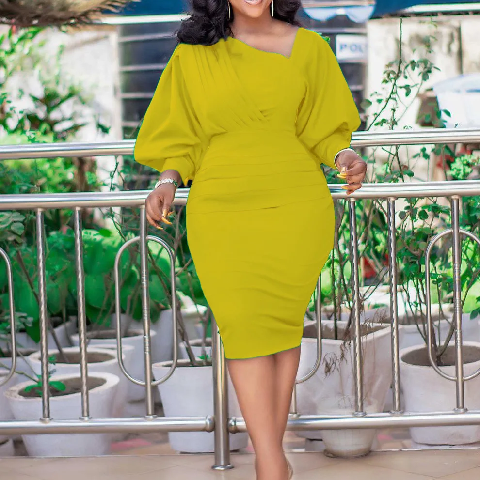 african robe 2022 Summer Elegent African Women V-neck Long Sleeve Green Blue Yellow Knee-length Dress African Dresses for Women african fashion style