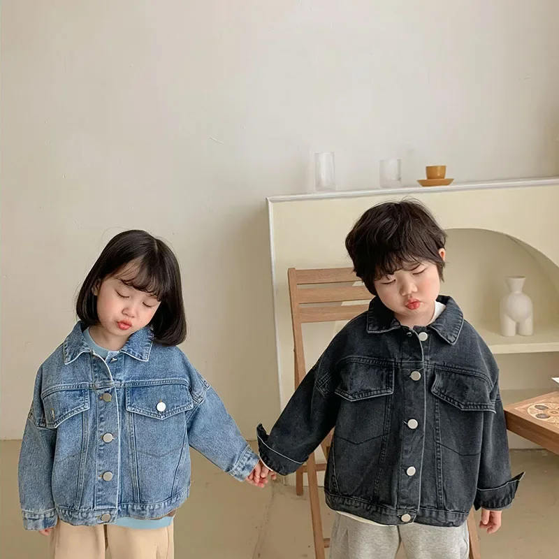 Denim Kids Jacket with Turn Down Collar for Girls and Boys
