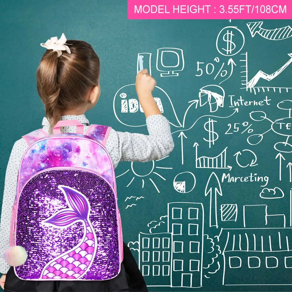 3PCS Kids Backpacks for Girls  16" Little Kid Mermaid Sequin Preschool School Bookbag and Lunch Box 3