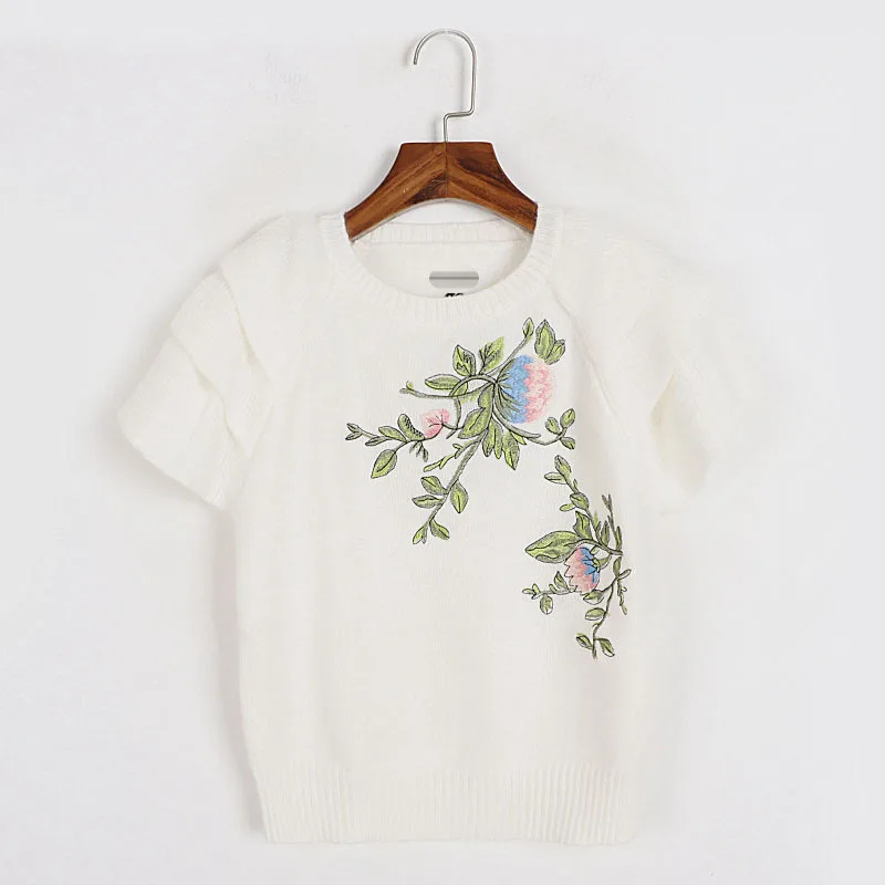

Lotus Leaf Sleeve White T Shirt Women 2023 Summer Tops Heavy Industry Embroidered Flowers T Shirts Round Neck Knitwear Tee