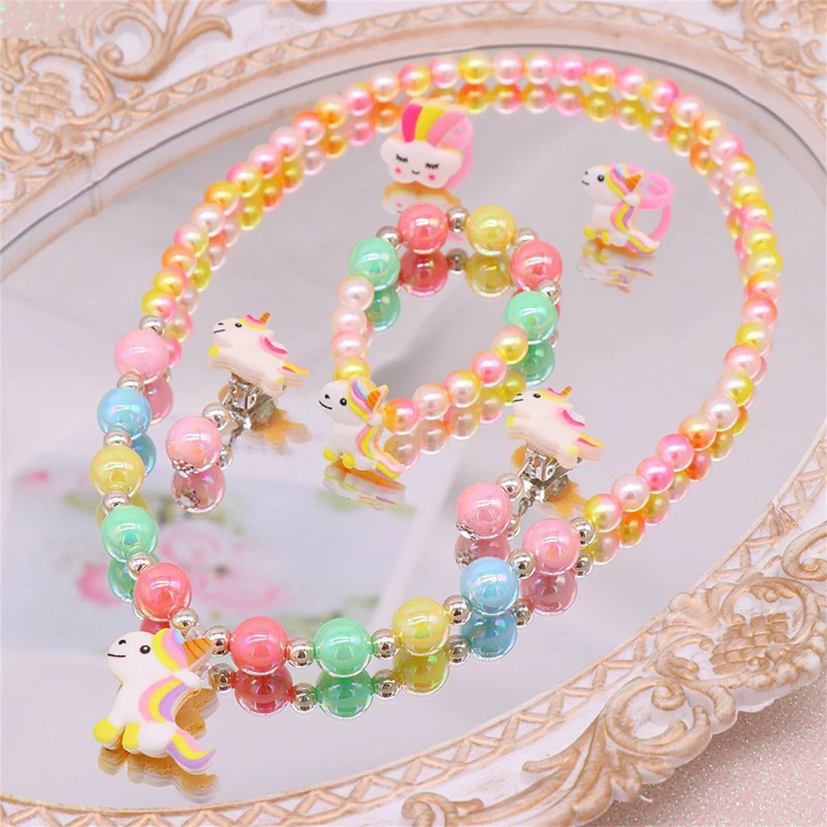 Unicorn Kids Jewelry Set 6pcs Elastic Necklace Bracelet Clip on Earrings Rings for Little Girls Birthday Dressup Costume 5