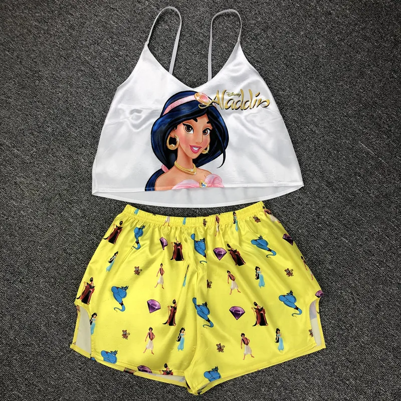 Sexy satin camisole shorts pajamas suit female imitation ice silk V-neck cool home clothes summer cartoon print girls sleepwear