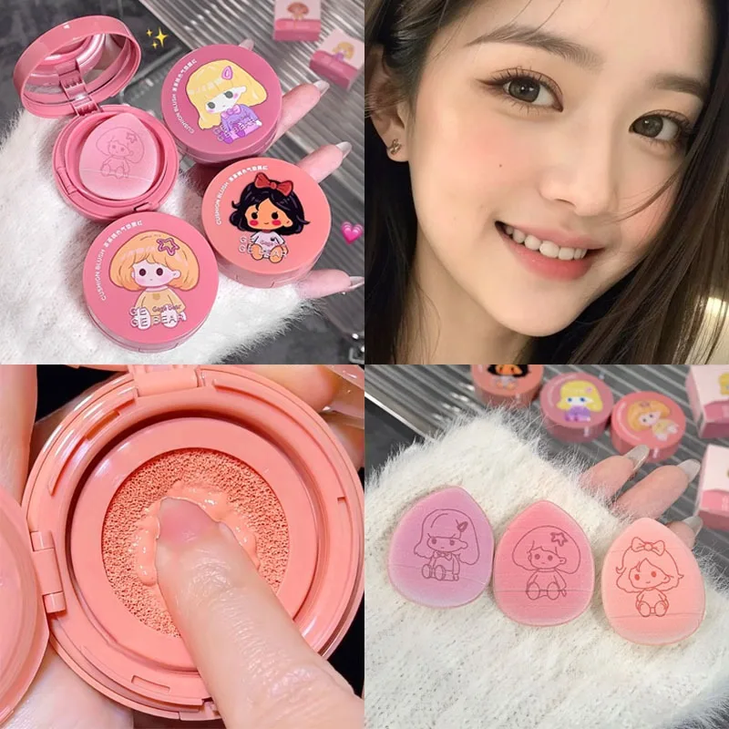Girl's Air Cushion Blush Cream Strawberry Pink Face Blusher Natural Matte Cheek Tint Rouge Contour Mousse Blush with Sponge Puff blush cream cream blusher facial blusher