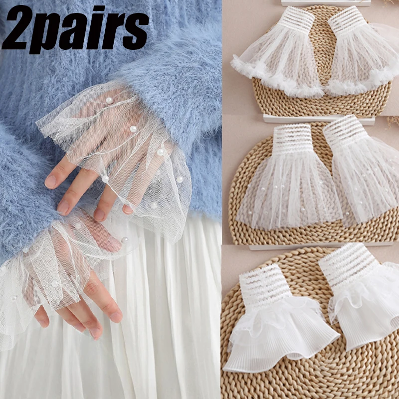 Women Lace Fake Sleeve Detachable Elastic Pearl Mesh Flare Sleeve Double Layer Ruched False Ruffles Wristband for Girls Gift vintage lace detachable sleeve fake cuffs ladies pleated flare sleeve false cuffs female mesh ruffles wristband decorative