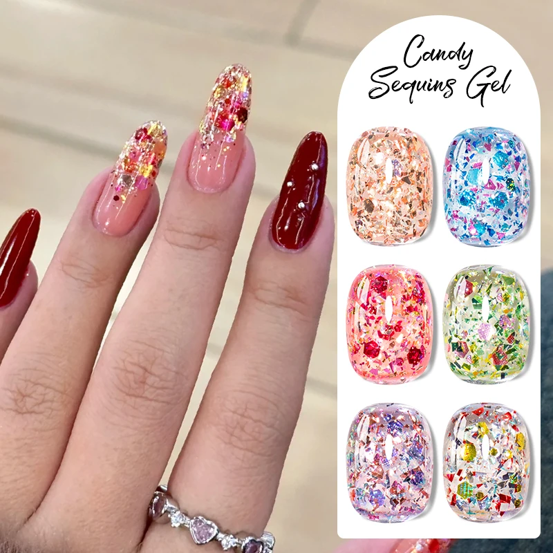 7ml 캔디 스팽글 네일 젤 폴리쉬 반짝이는 글리터 샤이닝 쏙 오프 UV LED 세미 퍼머넌트 바니쉬 DIY 네일 아트 매니큐어용