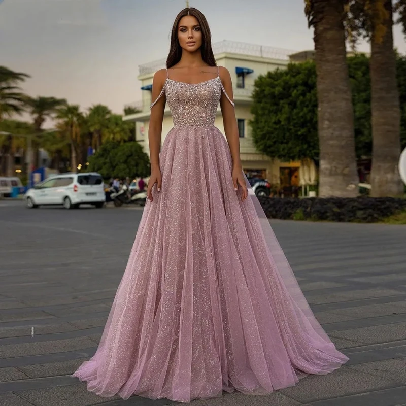 

Exquisite Blush Pink Sequin Prom Dress Tulle Spaghetti Strap A Line Long Formal Evening Party Gowns For Women Floor Length 2024