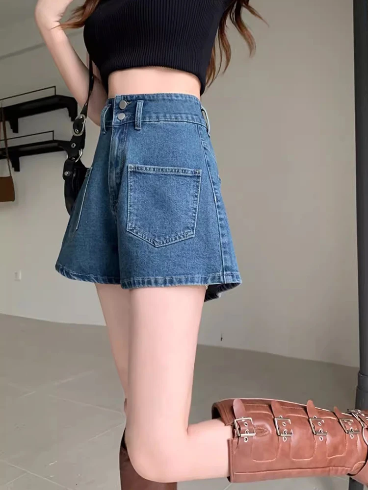 New Women Summer Denim Shorts Fashion High Waist A-Line Plus Size Shorts Simplicity Casual Basic Blue Denim Shorts