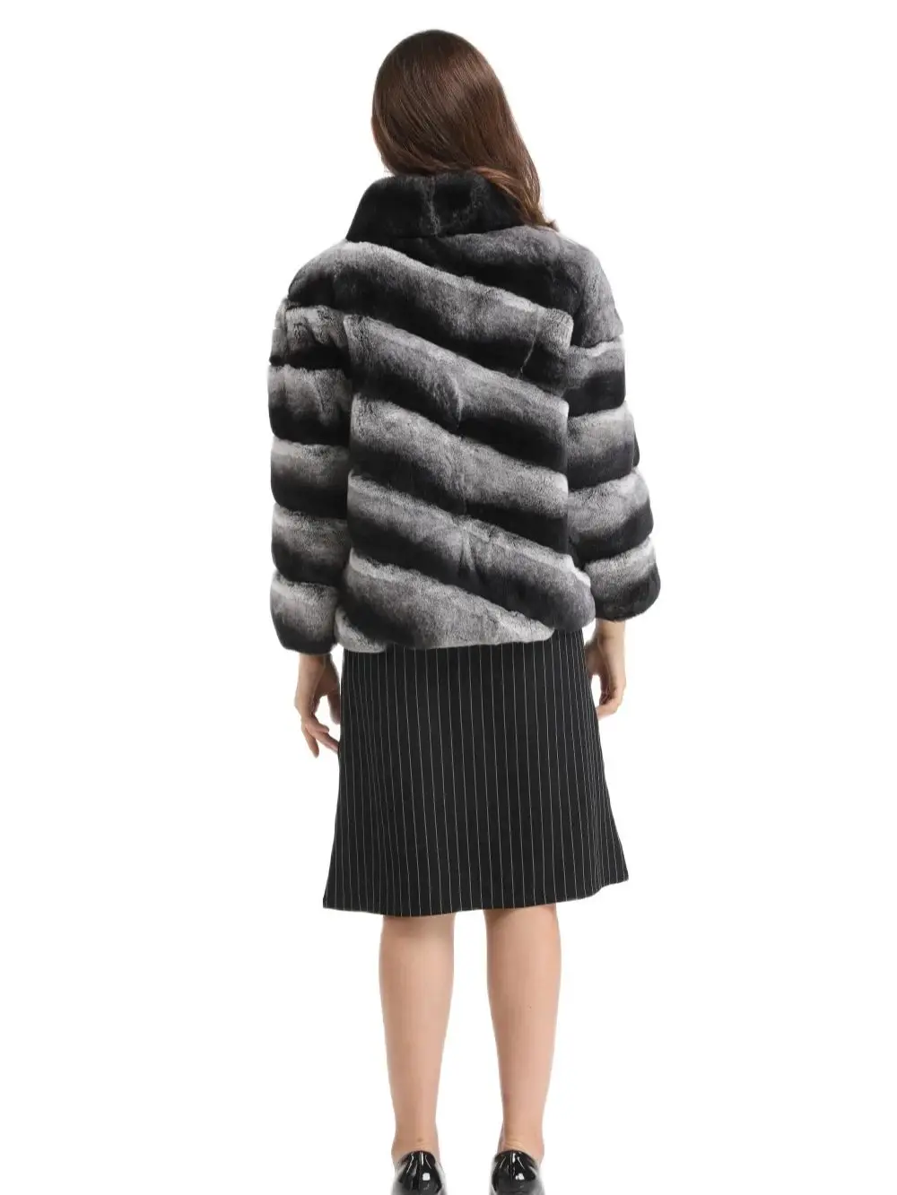 Contrasting colors striped rex rabbit fur lapel chinchilla coat  1907003