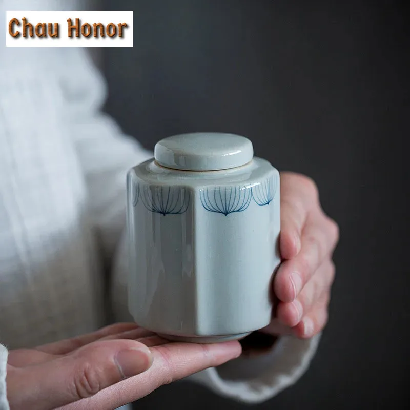 Vintage Blue And White Tea Cans Hand Painted Lotus Art Ceramic Tea Packaging Jar Sealed Storage Candy Kung Fu Teaware Services